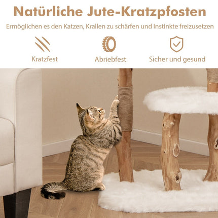 Wood Cat Tree with Plush Seat, 2 Platforms & Jute Posts
