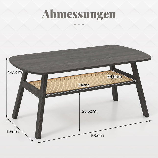 Wood Coffee Table with Rattan Shelf, 2-Tier, 100x55x44.5 cm
