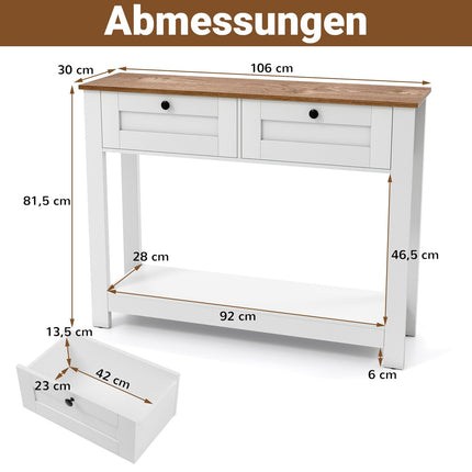 Holzkonsole mit 2 Schubladen und Regalen, Weiß