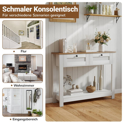 Holzkonsole mit 2 Schubladen und Regalen, Weiß