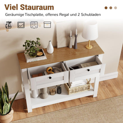 Holzkonsole mit 2 Schubladen und Regalen, Weiß
