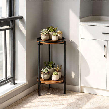 Wood-Effect Side Table with 2 Shelves – Brown
