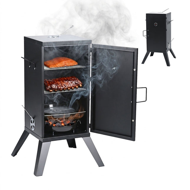 Holzbefeuerter Stahlsmoker, Schwarz – 2 Kochstufen
