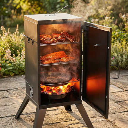 Wood-Fired Steel Smoker, Black – 2-Level Cooking