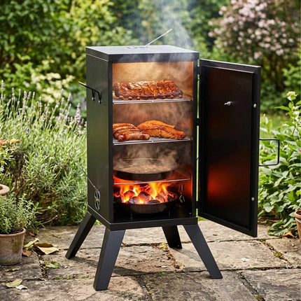 Wood-Fired Steel Smoker, Black – 2-Level Cooking
