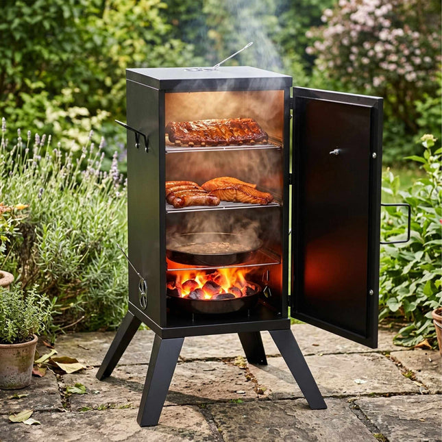 Holzbefeuerter Stahlsmoker, Schwarz – 2 Kochstufen