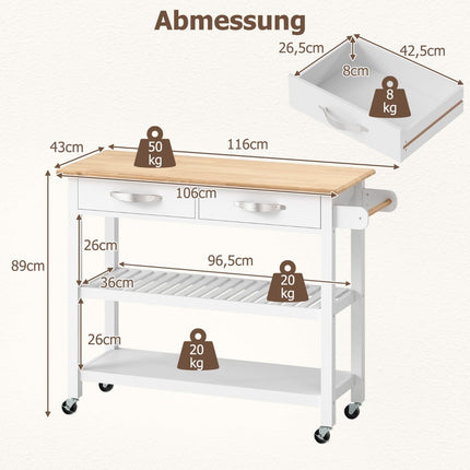 Küchenwagen aus Holz mit Arbeitsplatte, 2 Schubladen und Ablagen