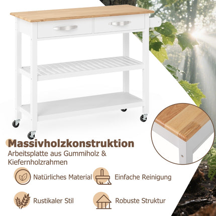 Küchenwagen aus Holz mit Arbeitsplatte, 2 Schubladen und Ablagen