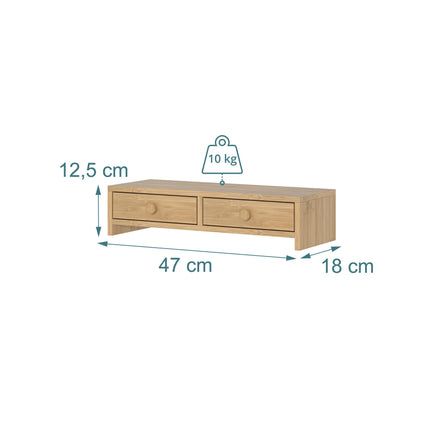 Wood Monitor Riser with 2 Drawers, 12.5 x 47 x 18 cm