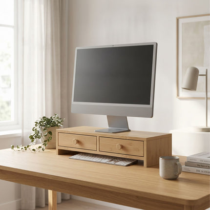 Wood Monitor Riser with 2 Drawers, 12.5 x 47 x 18 cm