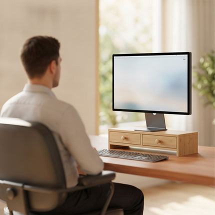 Wood Monitor Riser with 2 Drawers, 12.5 x 47 x 18 cm