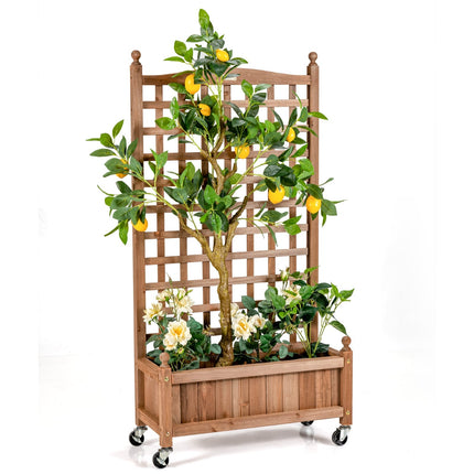 Wood Planter Box with Trellis, Wheels, 64x28x127 cm