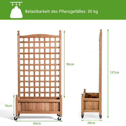 Wood Planter Box with Trellis, Wheels, 64x28x127 cm