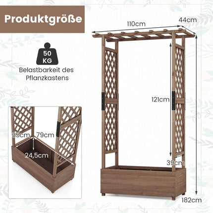 Houten plantenbak met klimrek en dak, 110x44x182 cm