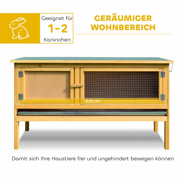 Wood Rabbit Hutch with Hinged Roof, 2 Doors, 115x44x65 cm