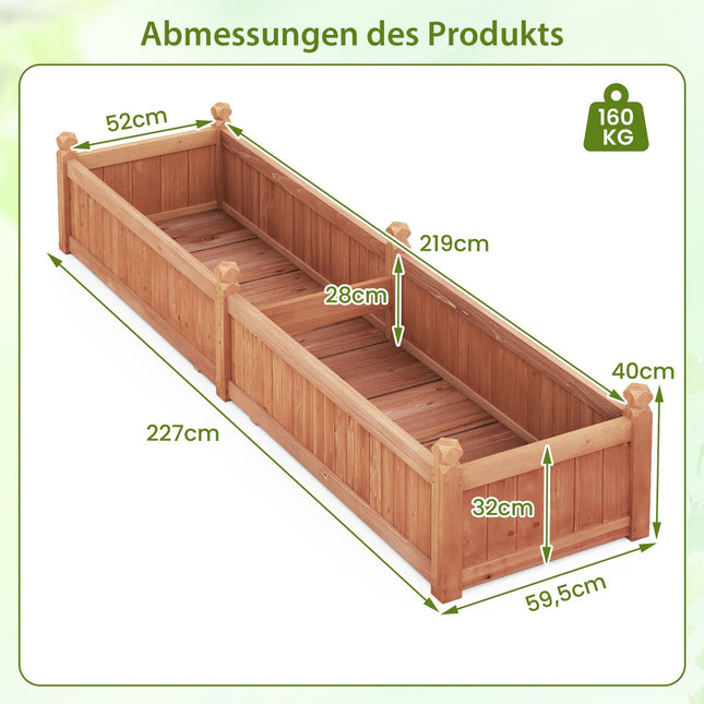 Holz-Hochbeet mit Trennwänden, Drainage, 227x59,5x40 cm