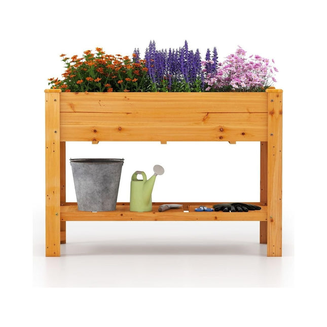 Wood Raised Garden Bed with Shelf & Drainage Holes, 120x60x81 cm