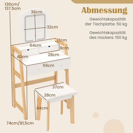 Schminktisch aus Holz mit Spiegel, Hocker und 3 Schubladen, Weiß