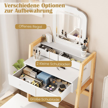 Schminktisch aus Holz mit Spiegel, Hocker und 3 Schubladen, Weiß