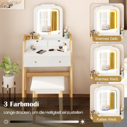 Schminktisch aus Holz mit Spiegel, Hocker und 3 Schubladen, Weiß