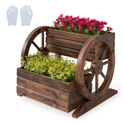 Wood Wagon Planter Box, 2-Tier, Wheels, Drainage Holes