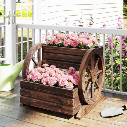 Wood Wagon Planter Box, 2-Tier, Wheels, Drainage Holes
