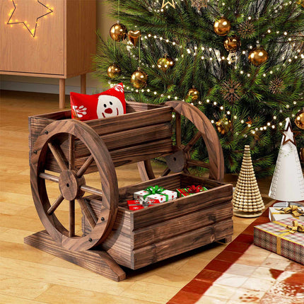 Wood Wagon Planter Box, 2-Tier, Wheels, Drainage Holes