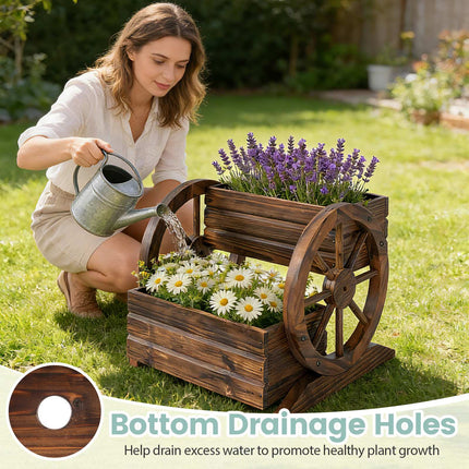 Wood Wagon Planter Box, 2-Tier, Wheels, Drainage Holes