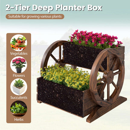 Wood Wagon Planter Box, 2-Tier, Wheels, Drainage Holes
