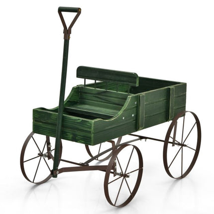 Wood Wagon Planter Cart, Adjustable Handle, 4 Wheels, Green