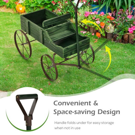 Wood Wagon Planter Cart, Adjustable Handle, 4 Wheels, Green