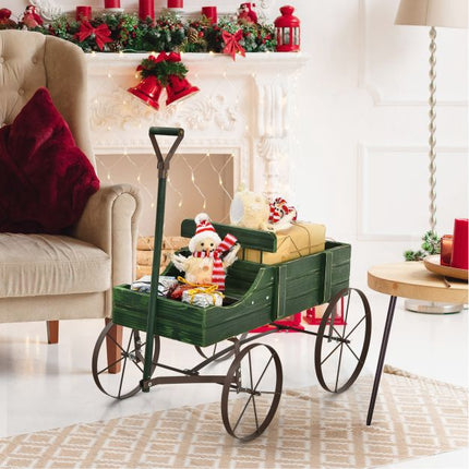 Wood Wagon Planter Cart, Adjustable Handle, 4 Wheels, Green