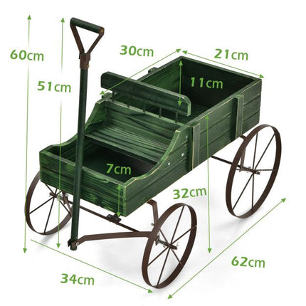 Wood Wagon Planter Cart, Adjustable Handle, 4 Wheels, Green