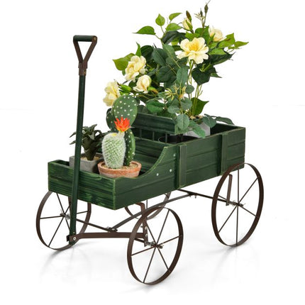 Wood Wagon Planter Cart, Adjustable Handle, 4 Wheels, Green