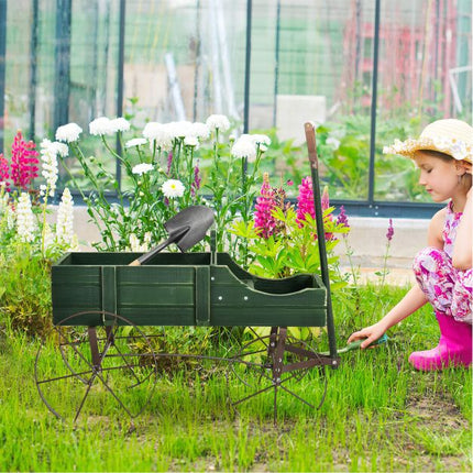 Wood Wagon Planter Cart, Adjustable Handle, 4 Wheels, Green