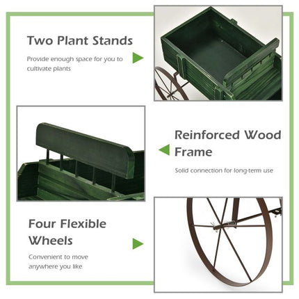 Wood Wagon Planter Cart, Adjustable Handle, 4 Wheels, Green