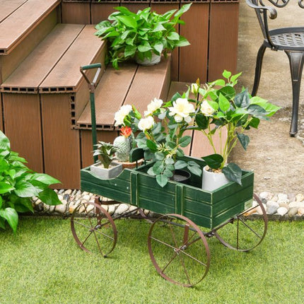 Wood Wagon Planter Cart, Adjustable Handle, 4 Wheels, Green
