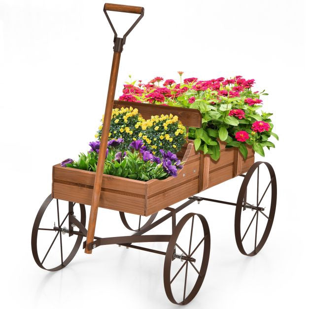 Wood Wagon Planter With Wheels, 2 Planting Sections
