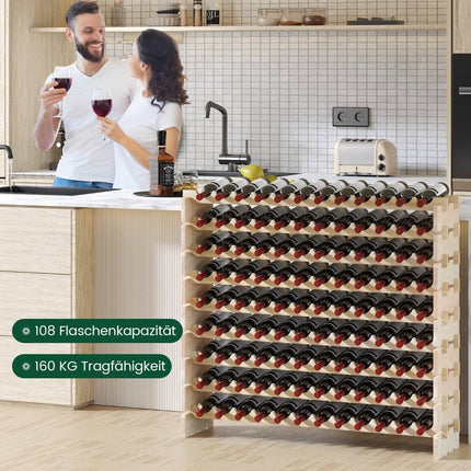 Wood Wine Rack, Stackable, Holds 108 Bottles