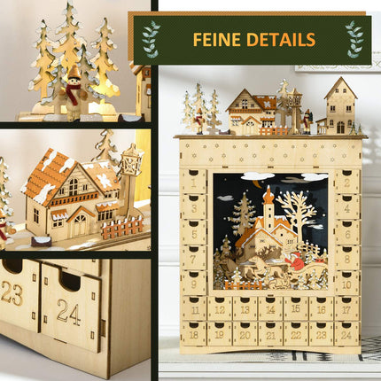Hölzerner Adventskalender mit LED-Beleuchtung, 24-Tage-Countdown