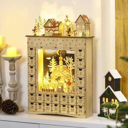 Hölzerner Adventskalender mit LED-Beleuchtung, 24-Tage-Countdown