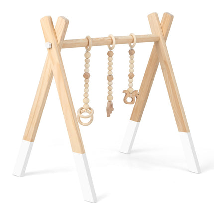 Hölzernes Baby-Gym, faltbares Spielgestell mit 3 Hängefiguren