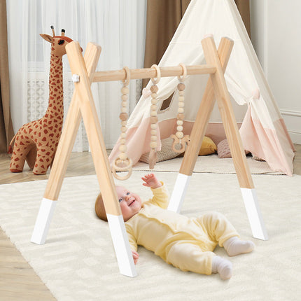 Hölzernes Baby-Gym, faltbares Spielgestell mit 3 Hängefiguren