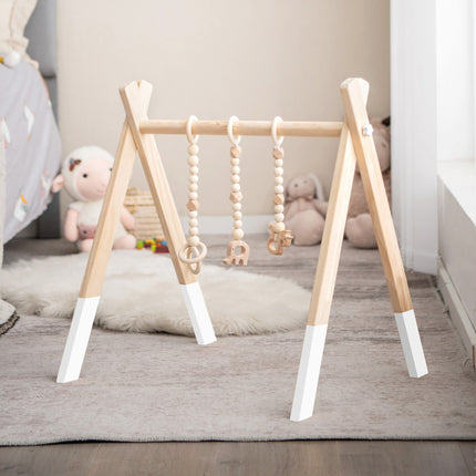 Hölzernes Baby-Gym, faltbares Spielgestell mit 3 Hängefiguren