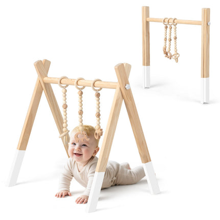 Hölzernes Baby-Gym, faltbares Spielgestell mit 3 Hängefiguren