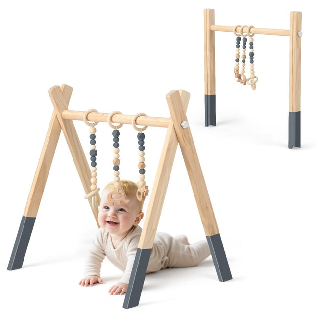 Wooden Baby Gym with 3 Hanging Toys – Grey