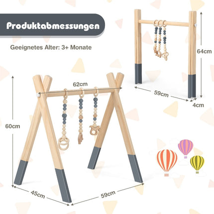 Baby-Holz-Spielbogen mit 3 Hängespielzeugen – Grau