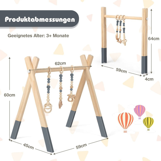 Wooden Baby Gym with 3 Hanging Toys – Grey