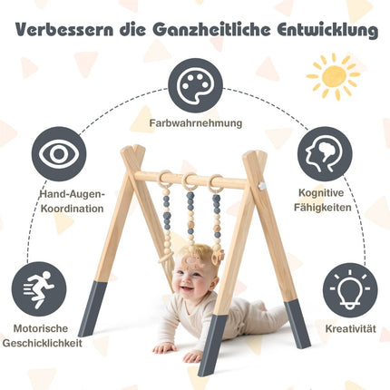 Baby-Holz-Spielbogen mit 3 Hängespielzeugen – Grau
