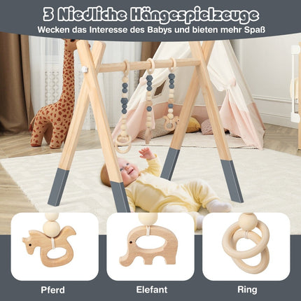 Baby-Holz-Spielbogen mit 3 Hängespielzeugen – Grau